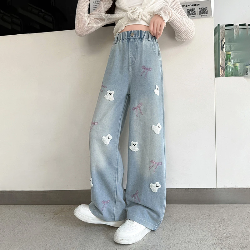 女童刺绣直筒阔腿牛仔裤中大童儿童6-12岁学生洋气休闲显瘦长裤