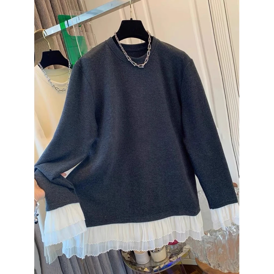 【胖妹妹】大码240斤法式气质花边德绒打底衫长袖T恤宽松内搭上衣女