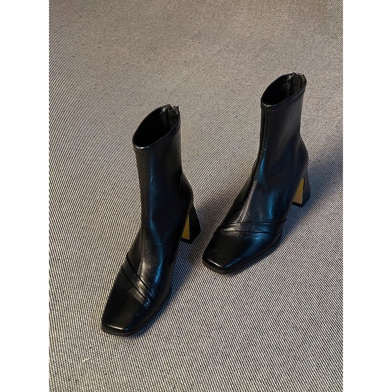 法式方头高跟气质百搭增高瘦瘦靴女秋季真皮英伦风后拉链弹力短靴