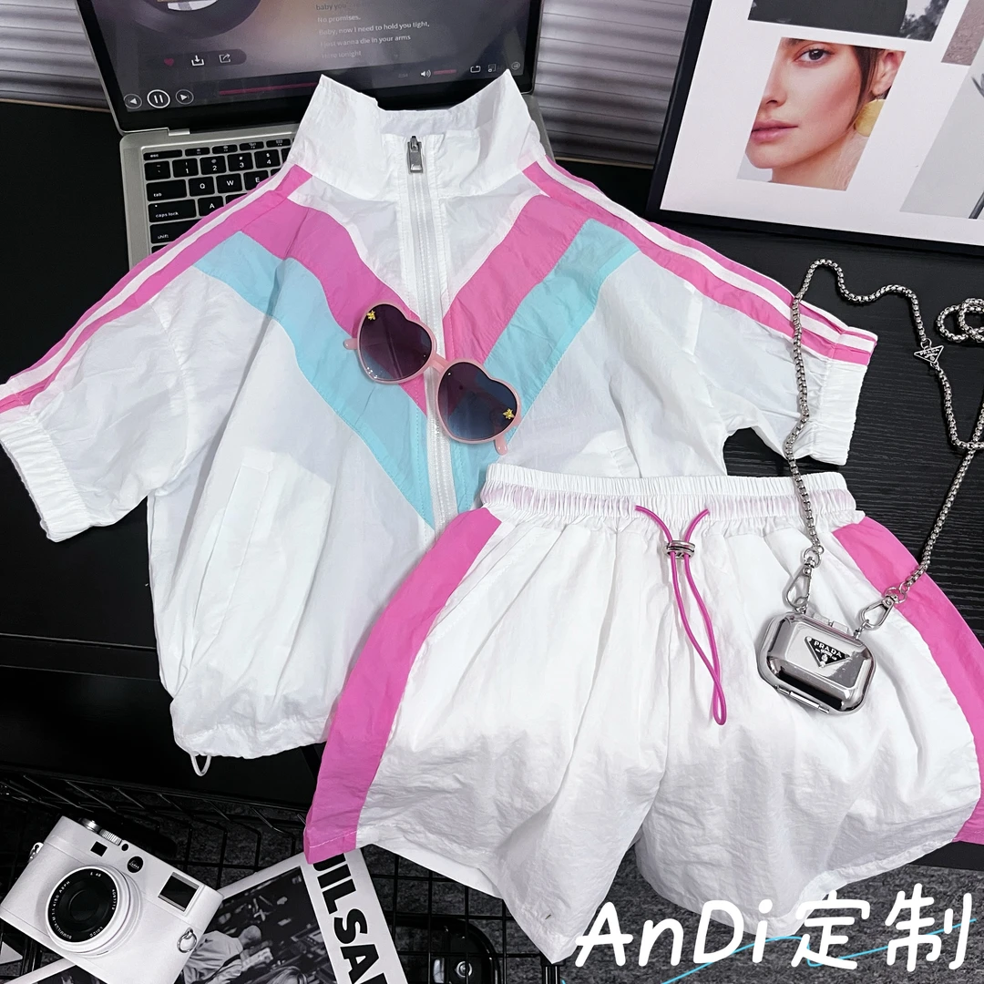 〖ANDI〗安迪订制女童夏季新款时尚撞色拼接短袖套装4617