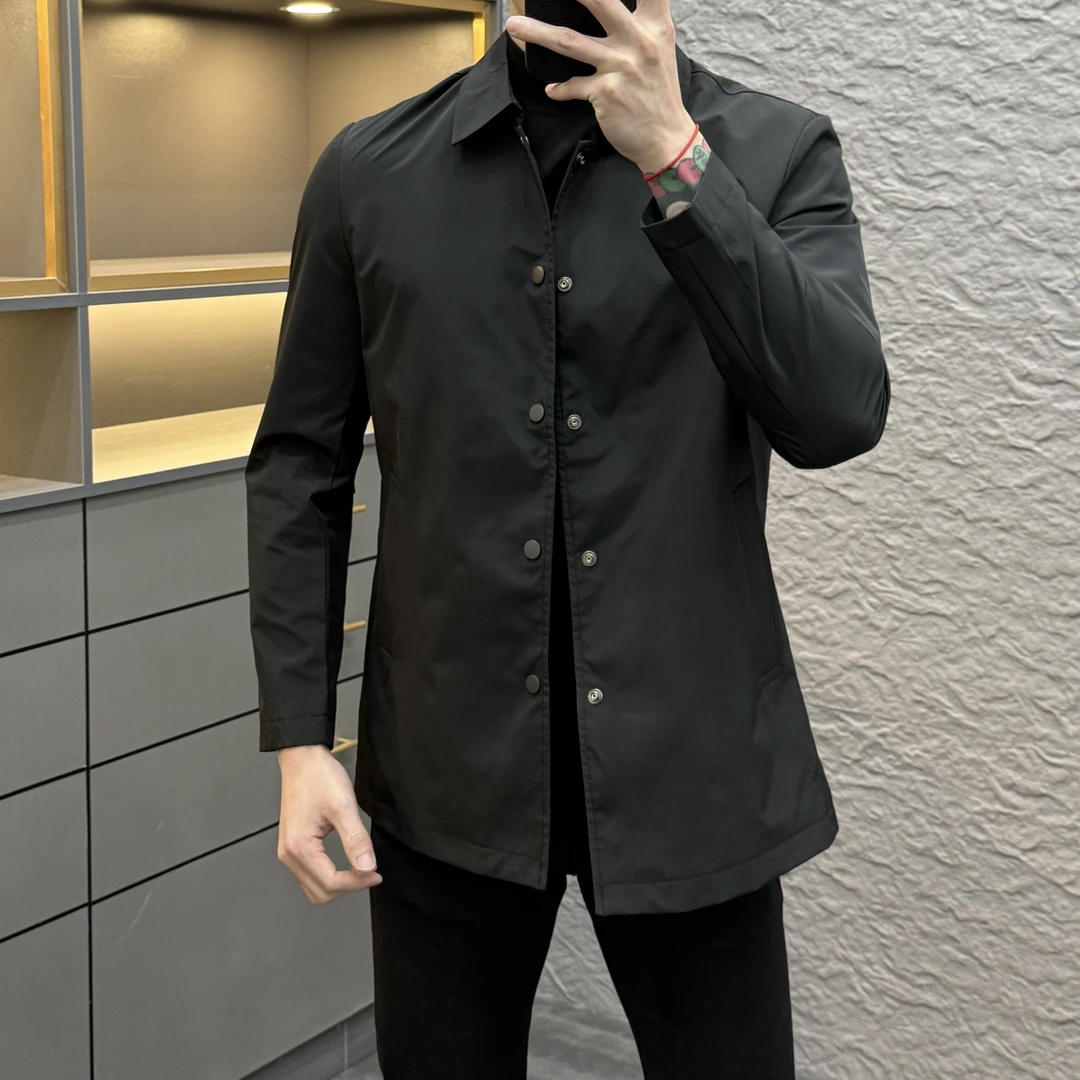 2025春季新款时尚百搭商务纯色翻领中长款男士风衣夹克外套25019