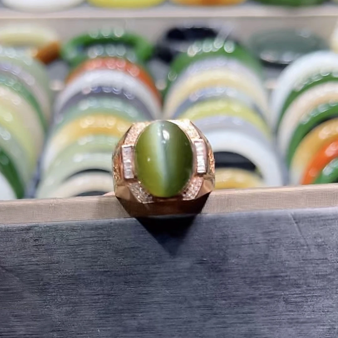 无结构！和田玉晶体一线猫眼戒指18k金镶嵌