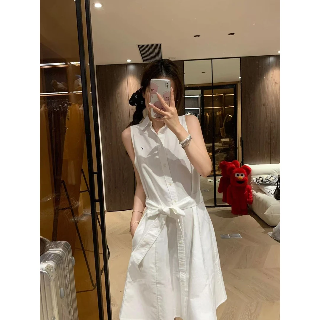 女士夏季显瘦收腰白色系无袖系带百搭时尚潮牌女设计师款连衣裙