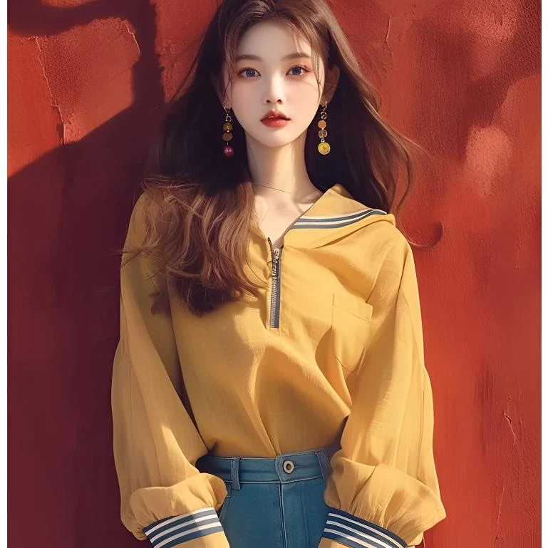 6015 新款衬衫小众时髦洋气减龄慵懒高级感黄色水手领polo衫女