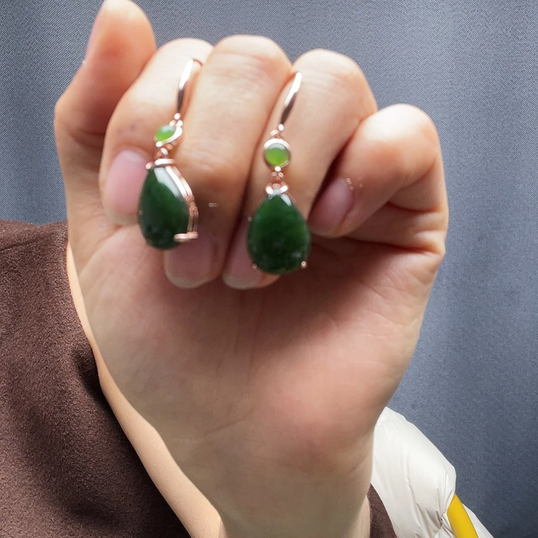 和田玉银S925镶嵌耳饰