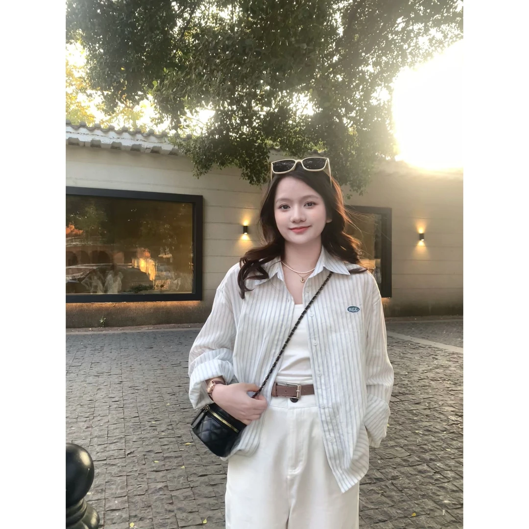 小个子2025春季新款韩版宽松显瘦条纹衬衫女设计感小众长袖上衣女