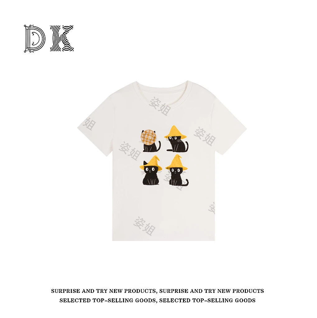 『灵动小礼猫』2025夏季新款活泼休闲百搭圆领生动头绪【DK】