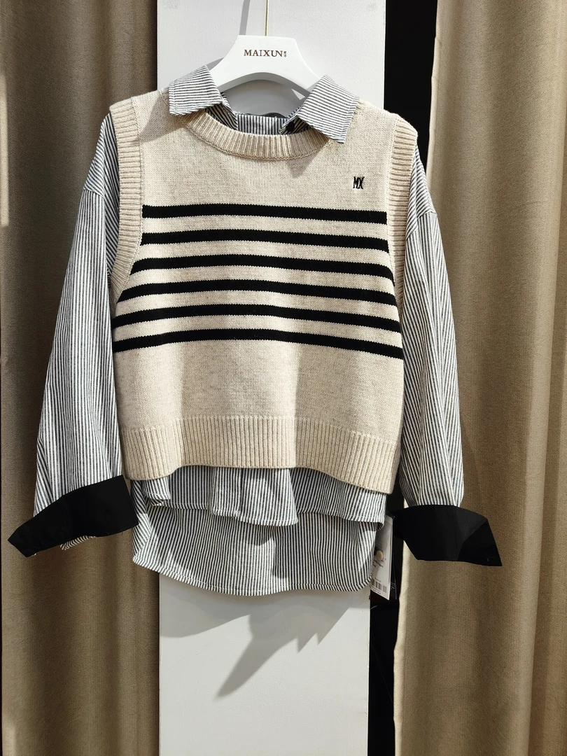 麦寻女装两件套马甲衬衣百搭休闲时尚针织衬衫