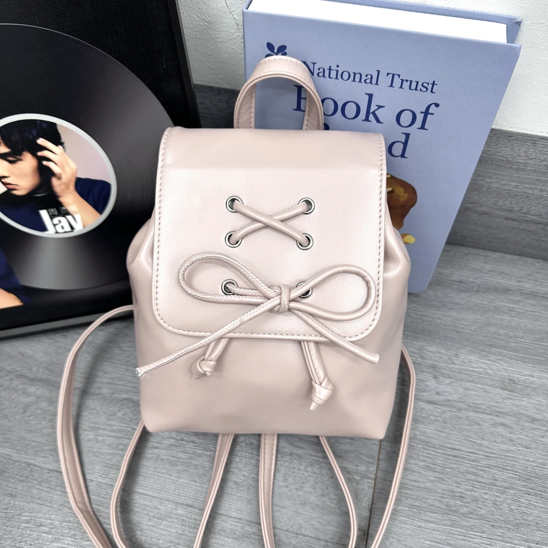 新款简约纯色法式抽绳系带小双肩双肩背时尚