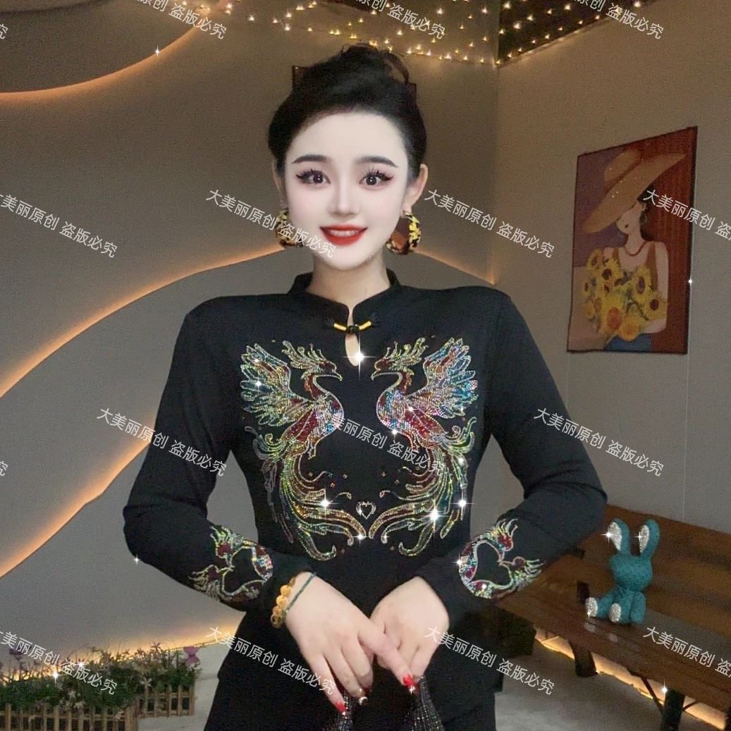 【断码破价】新中式凤舞九天彩钻秋冬加绒洋气时尚长袖打底衫8180