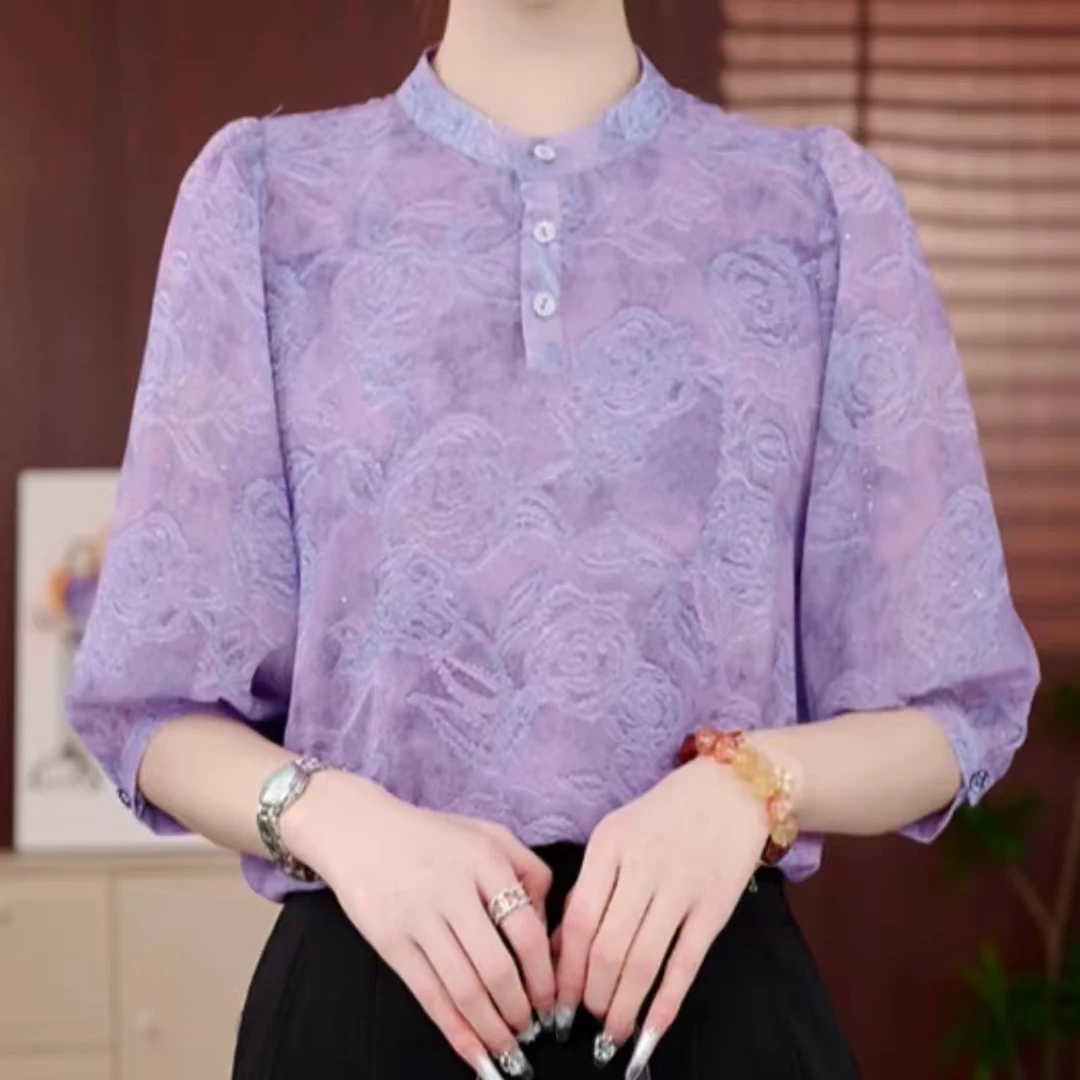 2025新款紫花优雅气质典雅衬衫春夏款