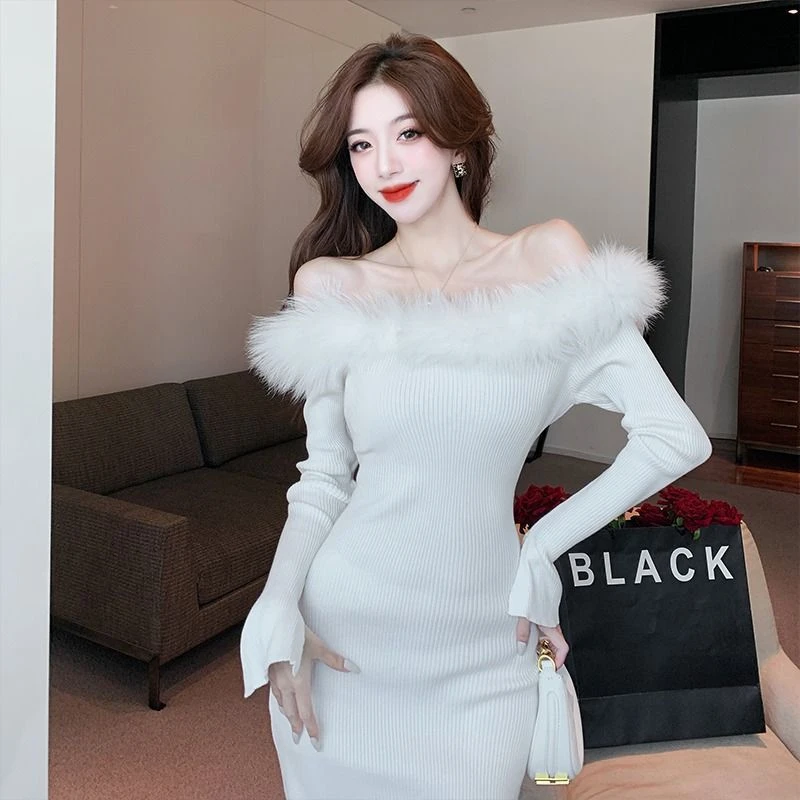 御姐名媛风性感一字肩毛领设计高级感修身韩版连衣裙2024春秋新款