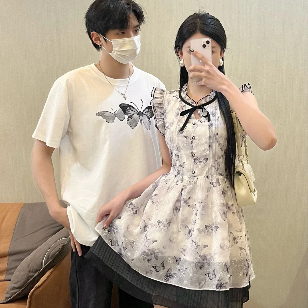 情侣装新中式复古风改良旗袍连衣裙蝴蝶设计感男短袖T恤一衣一裙