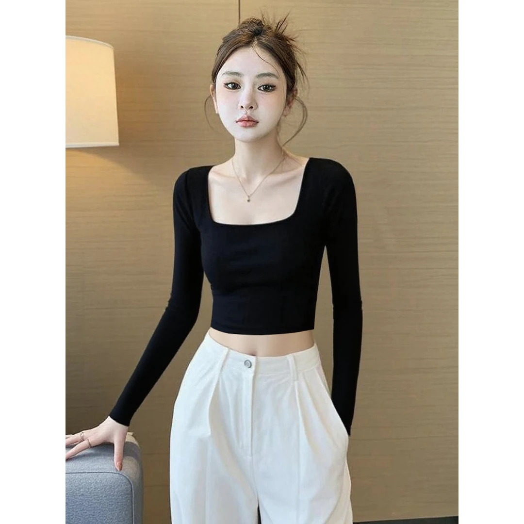 黑色方领短款打底衫女2025新款早秋长袖t恤纯棉内搭法式低领上衣