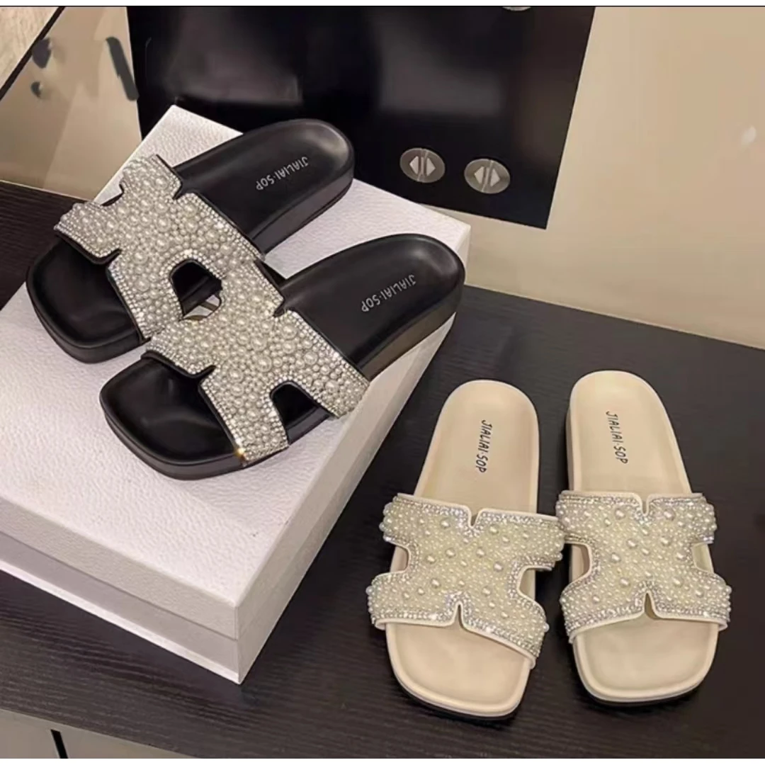 F18新款珍珠钻舒适百搭软底拖鞋仓