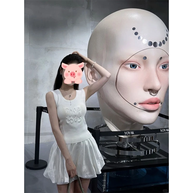 2025夏季设计感重工小众洋气百搭白色无袖上衣高腰a字休闲半身裙