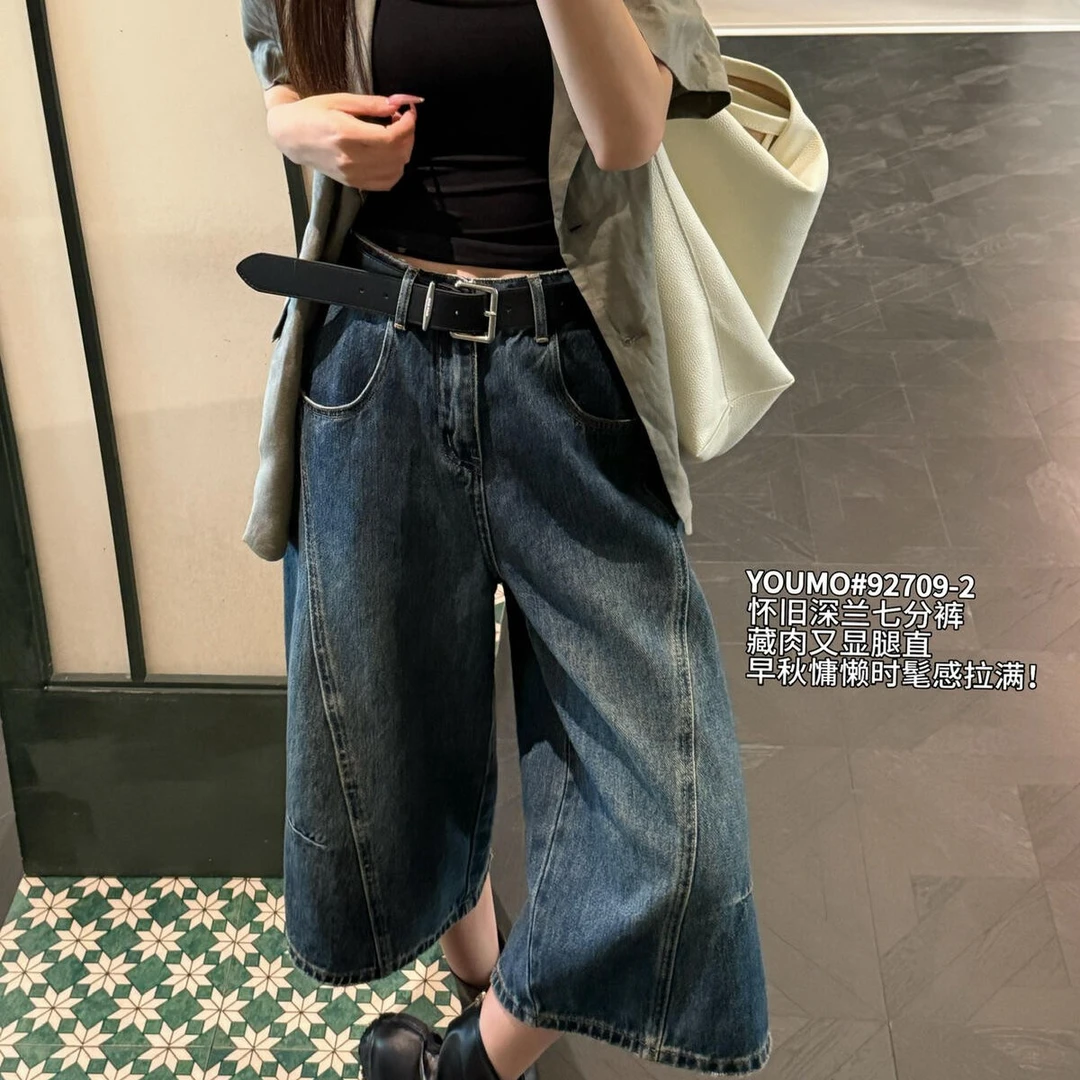 早秋韩版新款复古风七分裤水洗工艺直筒牛仔裤裤子宽松高腰显瘦夏