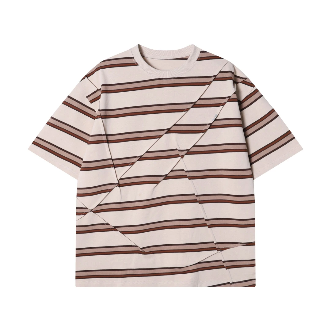 夏季高级感新款美式撞色条纹褶皱圆领短袖T恤百搭潮流套头上衣