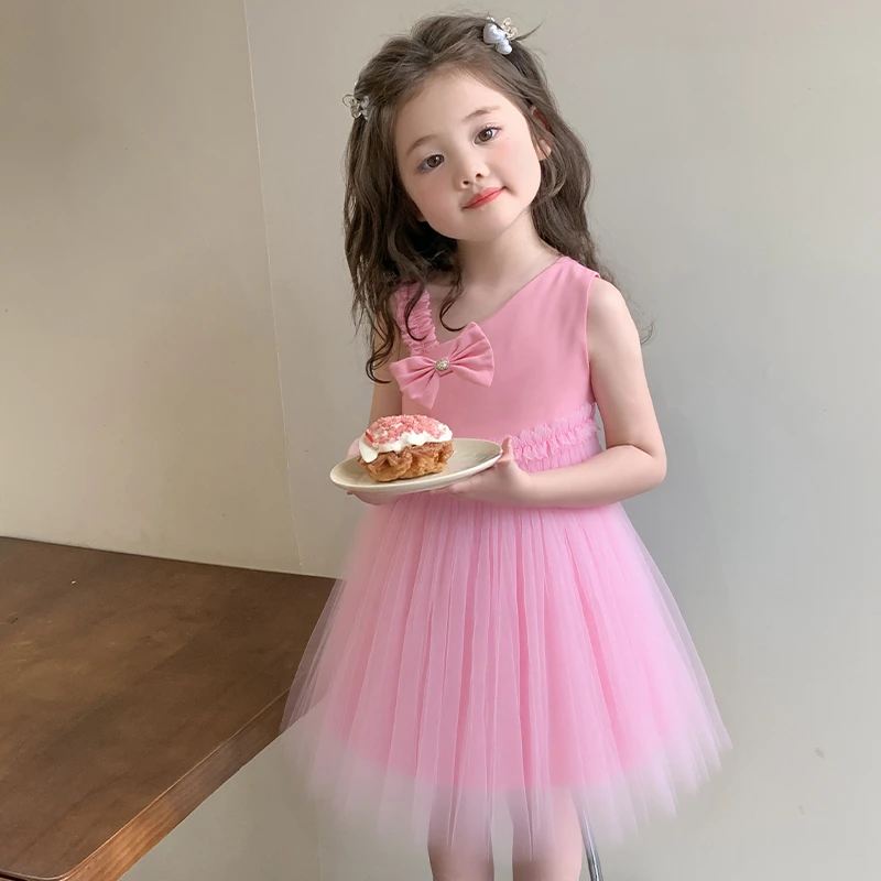女童拼接无袖棉布连衣裙2025夏款女孩公主裙吊带网纱裙无袖背心裙