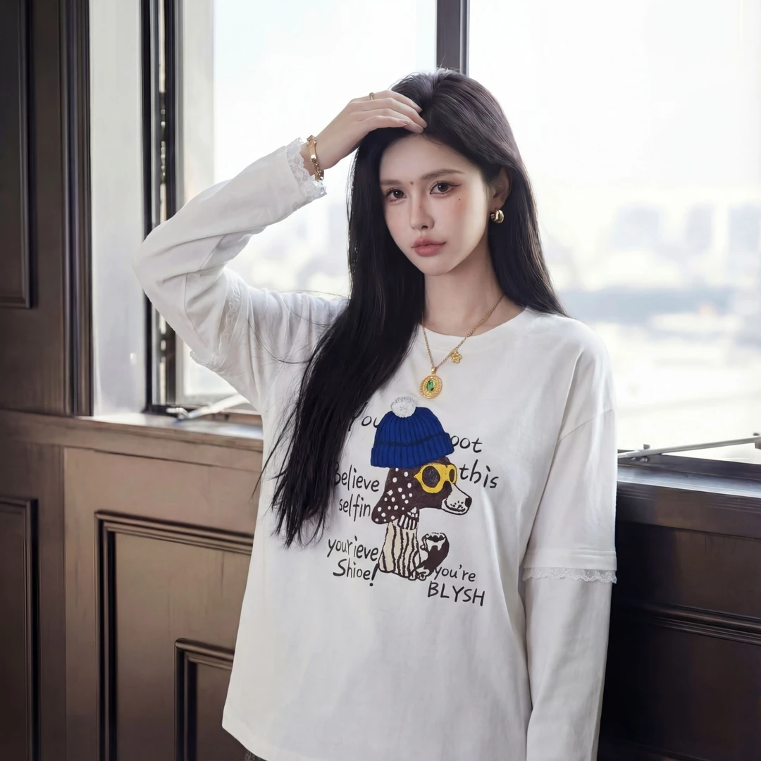 FANRUI/泛芮「玩趣艺境」帽子狗绣花蕾丝拼接洋气中长款上衣B19812