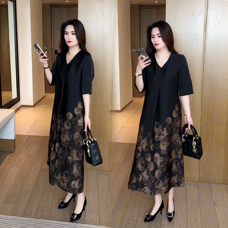 （运费补贴）大码女装气质优雅中老年连衣裙洋气宽松遮肉裙子夏季