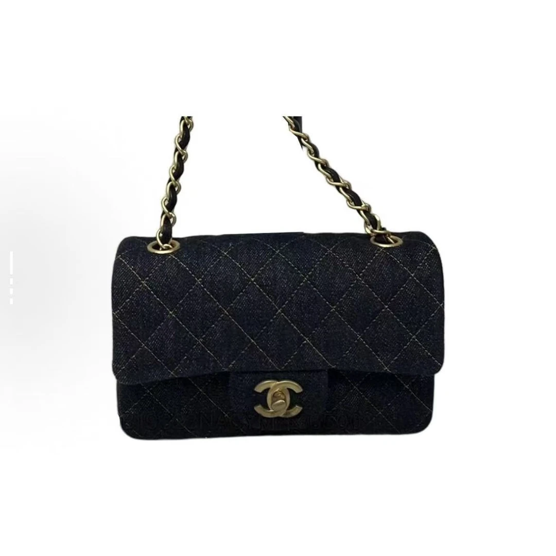 99新 Chanel/香奈儿 中古丹宁CF黑金中号斜挎单肩包女款黑色