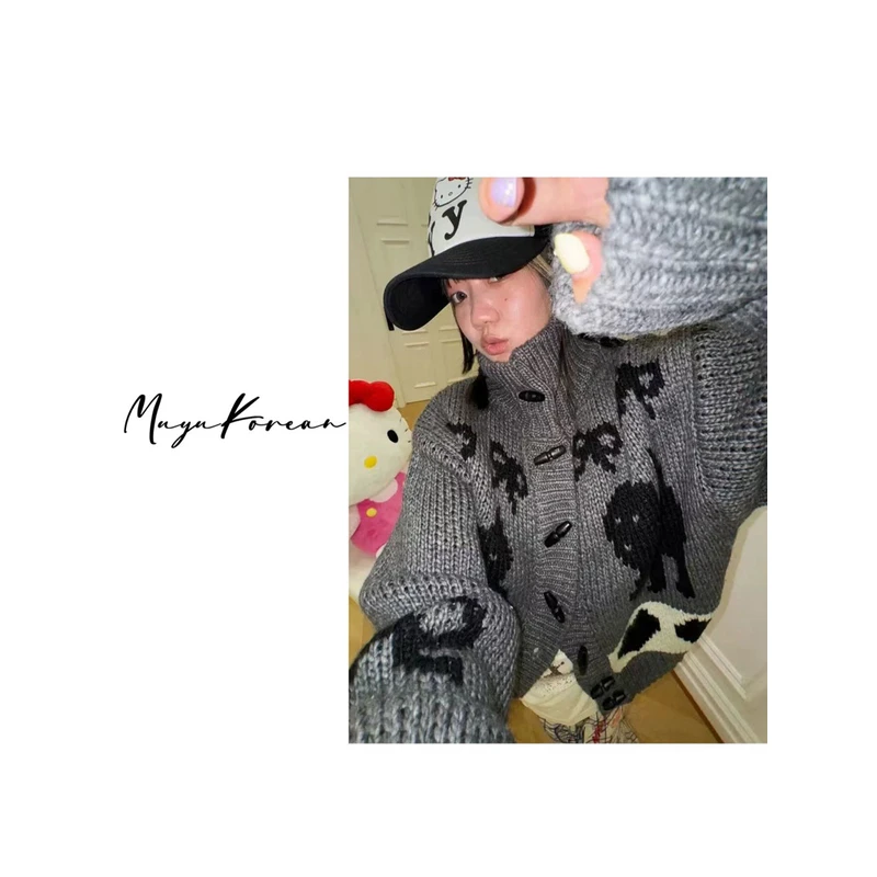 【猫猫蝴蝶结爱心毛衣】韩单YY费尔岛潮流时髦外套男女