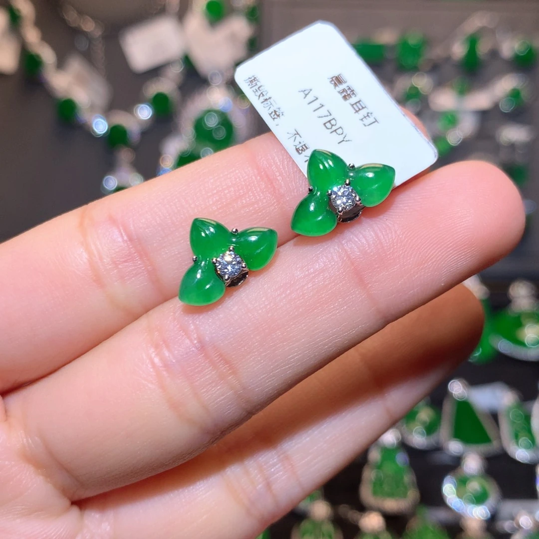 翡翠耳饰银S925镶嵌晨露