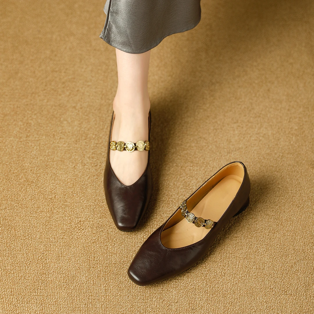 2025新款真皮中跟方头小皮鞋复古浅口粗跟百搭软底气质玛丽珍单鞋