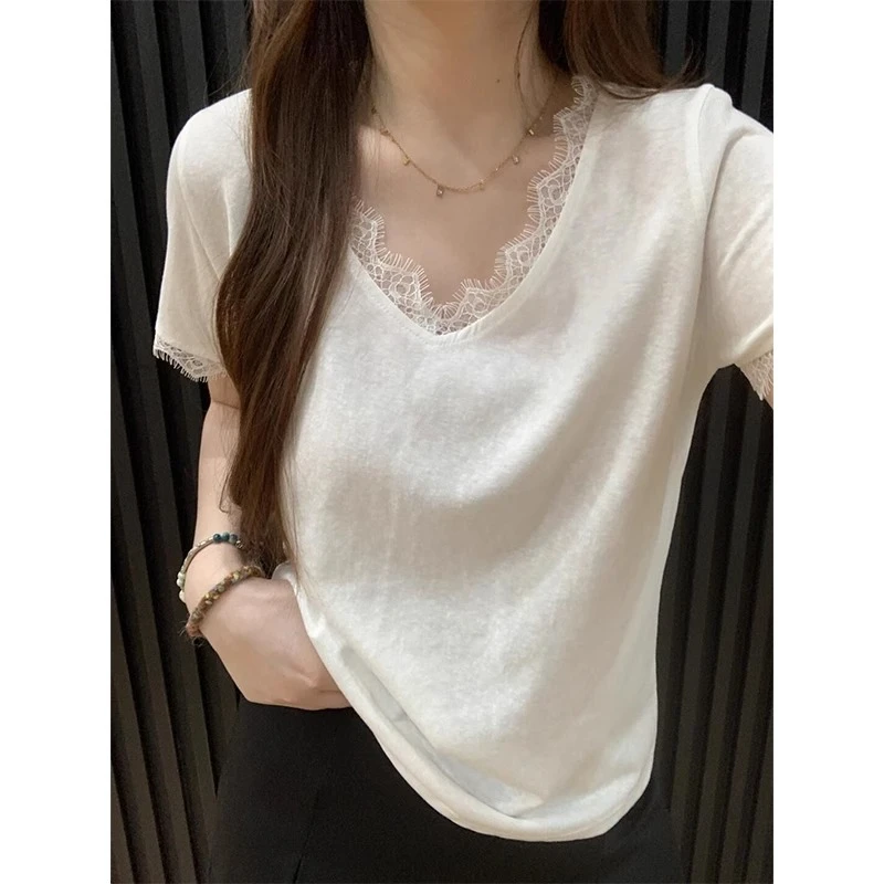 蕾丝花边白色短袖竹节棉T恤女夏季新款百搭正肩小衫宽松别致上衣