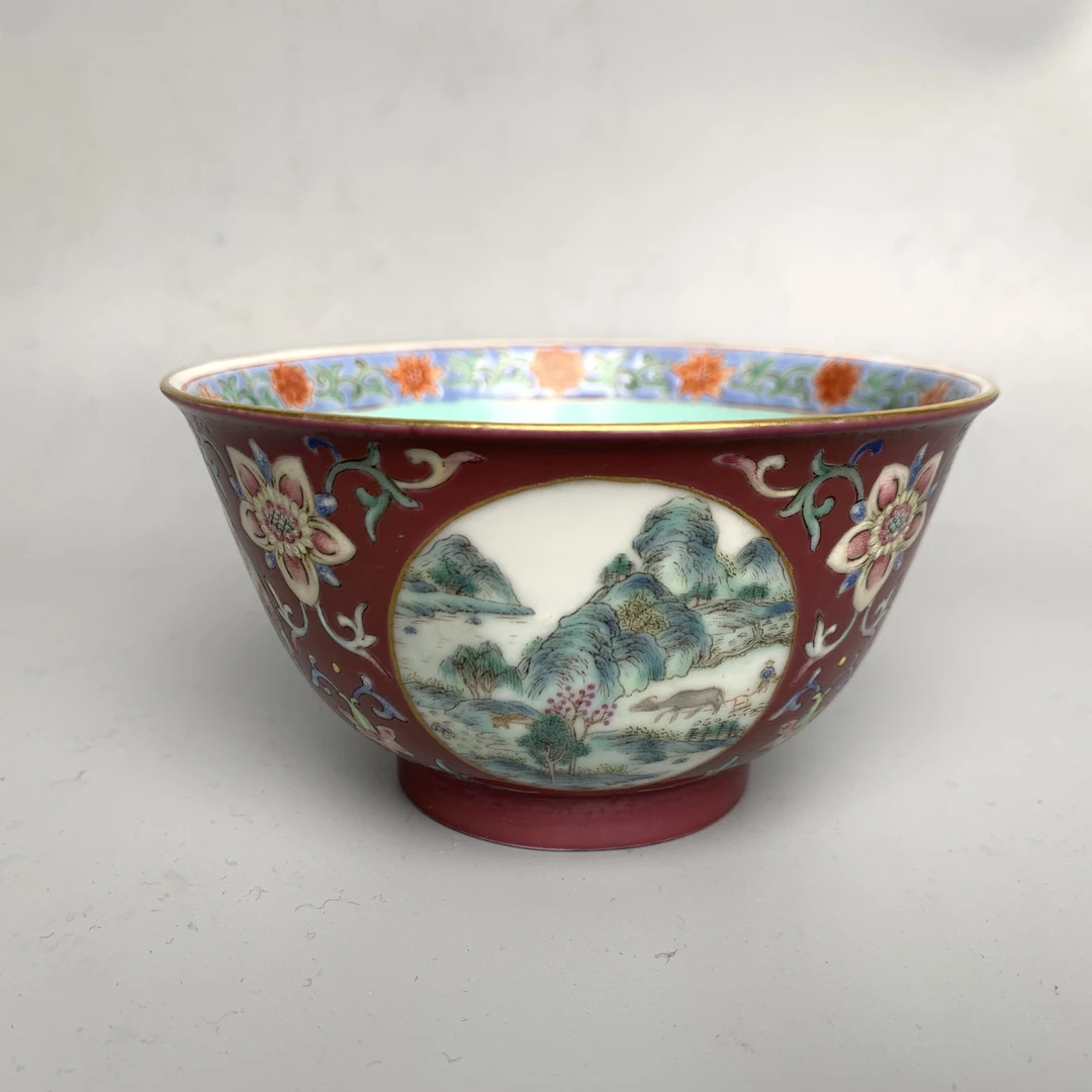 清道光胭脂红粉彩开光山水纹碗【古董拍卖】