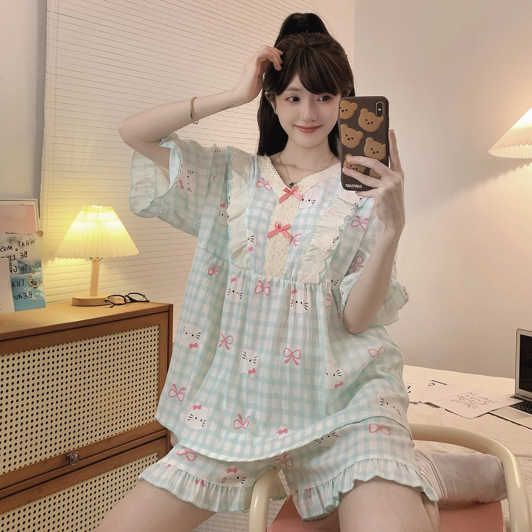 大码夏季薄款睡衣女V领蕾丝花边防凸点设计kitty印花甜美家居服