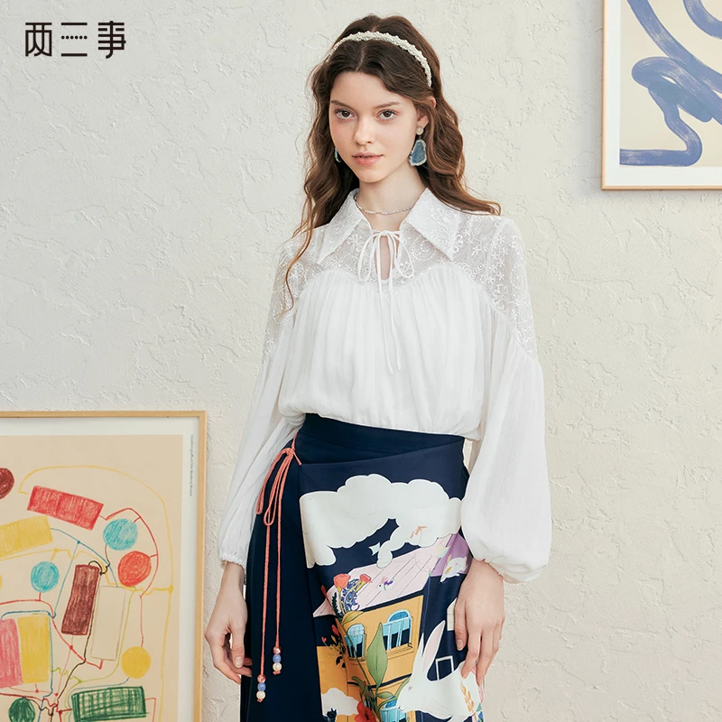 两三事轻吟光羽 镂空蕾丝绑带雪纺衫S25CLS445