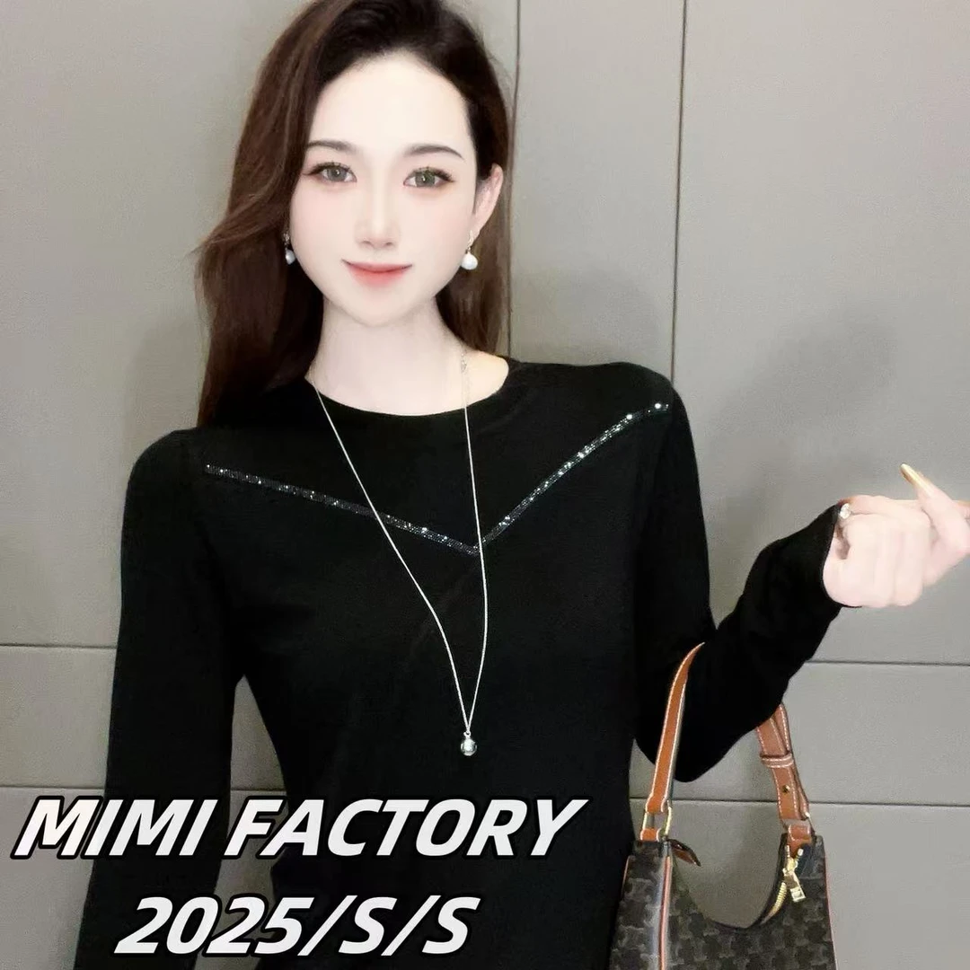 2025新款长袖 圆领烫钻T恤女长袖修身显瘦百搭上衣5909#