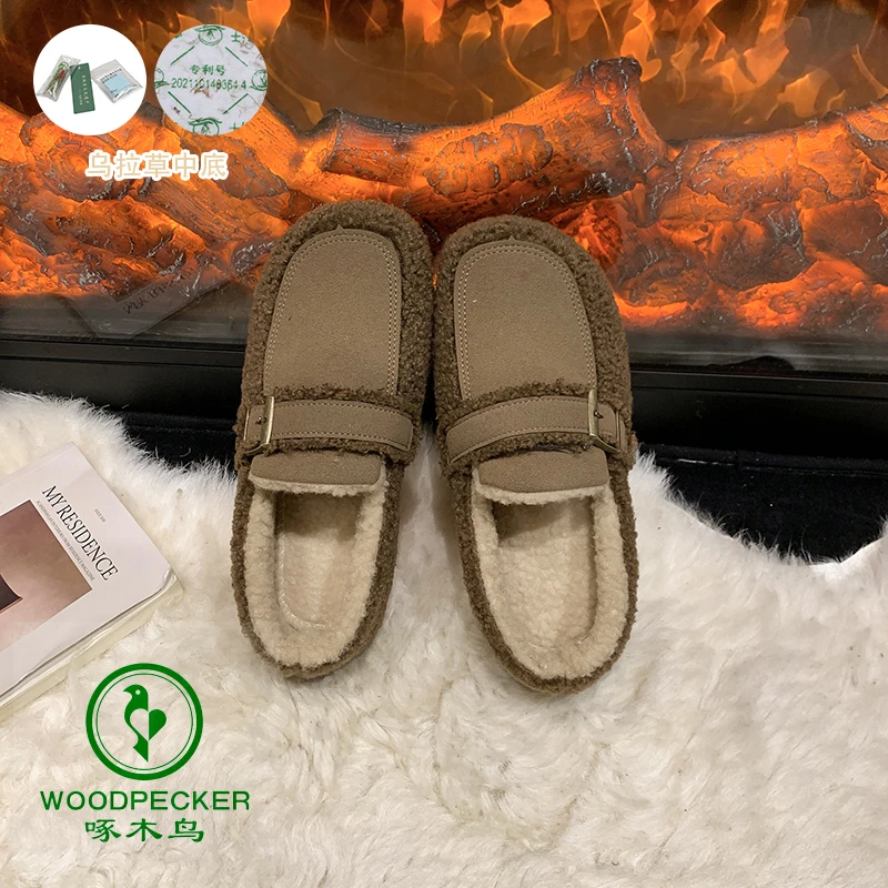 woodpecker/啄木鸟冬季新款泰迪绒加绒豆豆鞋外穿软底毛毛棉鞋