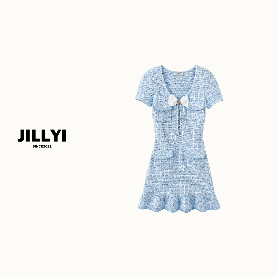 JILLYI南山店【蓝色气泡】天空蓝圆领流苏工艺格子针织裙气质百搭