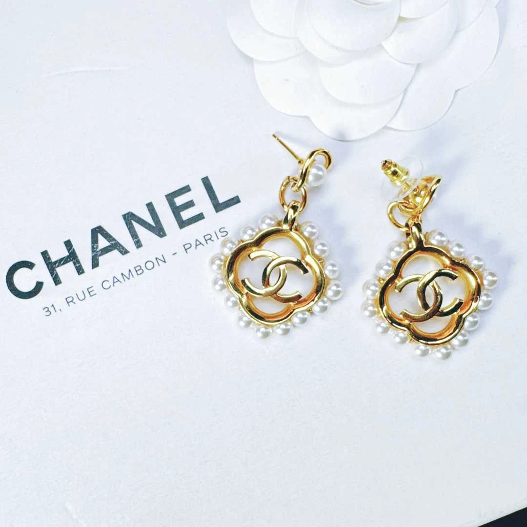 95新 Chanel/香奈儿 柚礼中古/香奈儿珍珠菱形双c耳钉XP