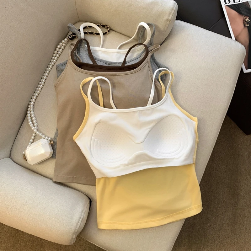 多巴胺吊带假两件拼色背心甜美黄吊带蝴蝶结镂空美背固定胸垫Y