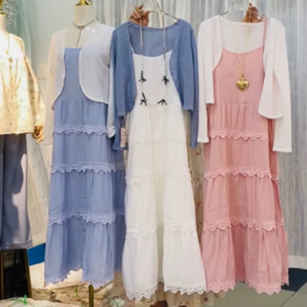 大码初恋感白色吊带连衣裙开衫套装春夏女装蕾丝边公主蛋糕裙