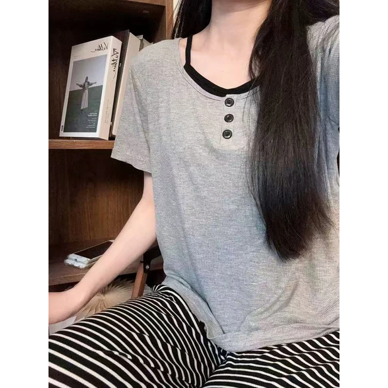 夏季新款假两件灰色短袖带杯垫三件套睡衣氛围感透气舒适套装2226