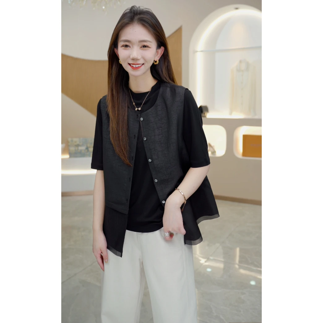 R H 【香云纱】质感龟裂纹时尚简约气质显瘦马夹短外套RH126