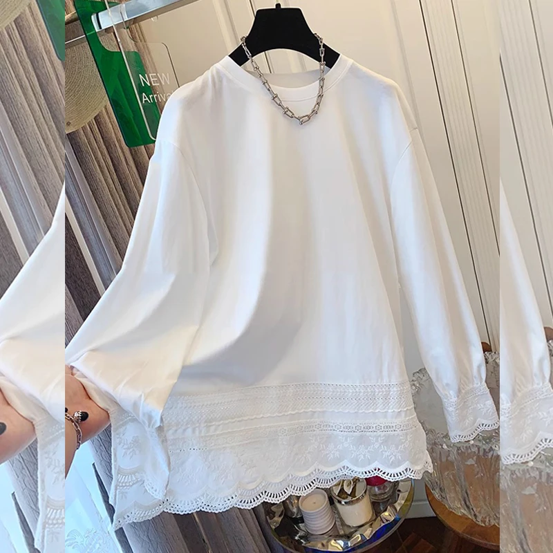 设计感蕾丝拼接T恤打底衫女秋冬内搭叠穿上衣大码宽松百搭时尚潮