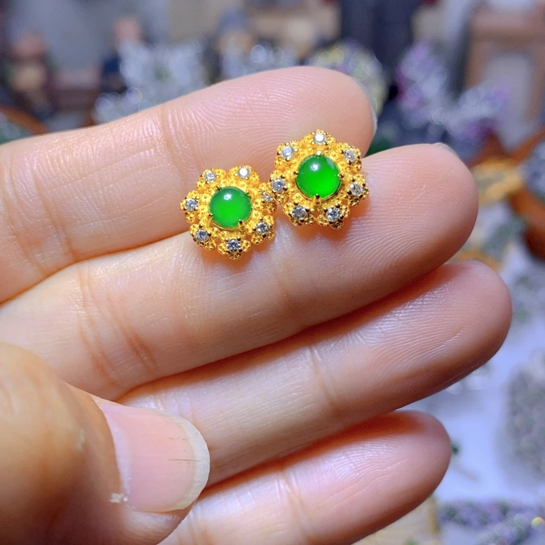 翡翠耳钉银S925镶嵌天然翡翠