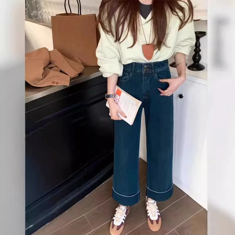 蓝色直筒牛仔裤女秋季新款大码胖mm梨型身材高腰显瘦九分阔腿裤子