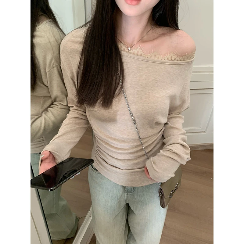 王少女的店【清清】燕麦杏色修身斜肩长袖针织衫百搭上衣 Z29934S51