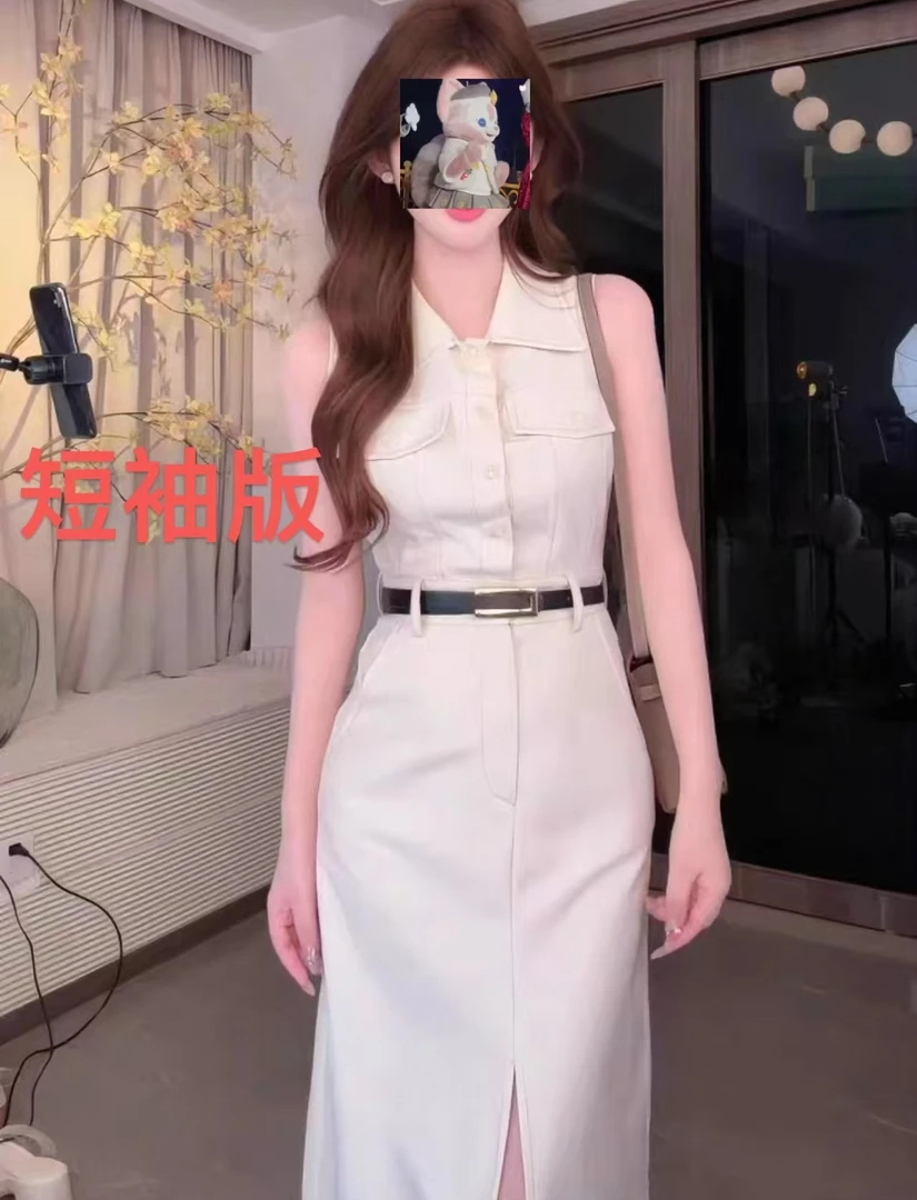 夏季法式小众收腰工装衬衫无袖大码连衣裙时尚洋气设计感6357