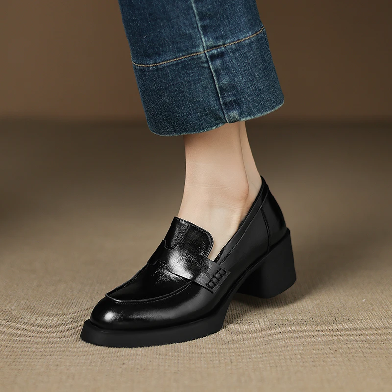 5.5cm厚底真皮乐福鞋女春秋粗跟高跟鞋黑色英伦风小皮鞋深口单鞋