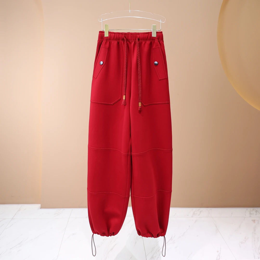 【LIANG哥女装】2025欧版莱赛尔轻薄透气爽肤胭脂红撞色工装裤5290A