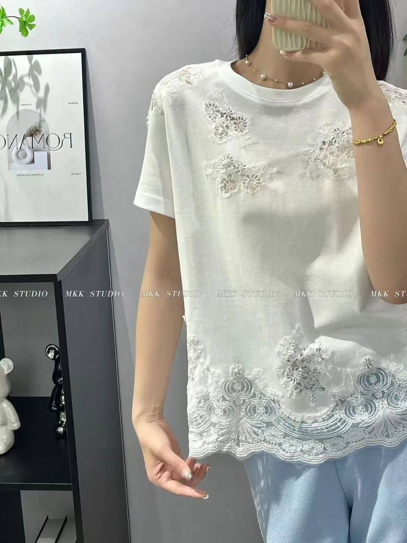 Kin.轻奢服饰新款欧货重工艺拼接蕾丝短袖体恤