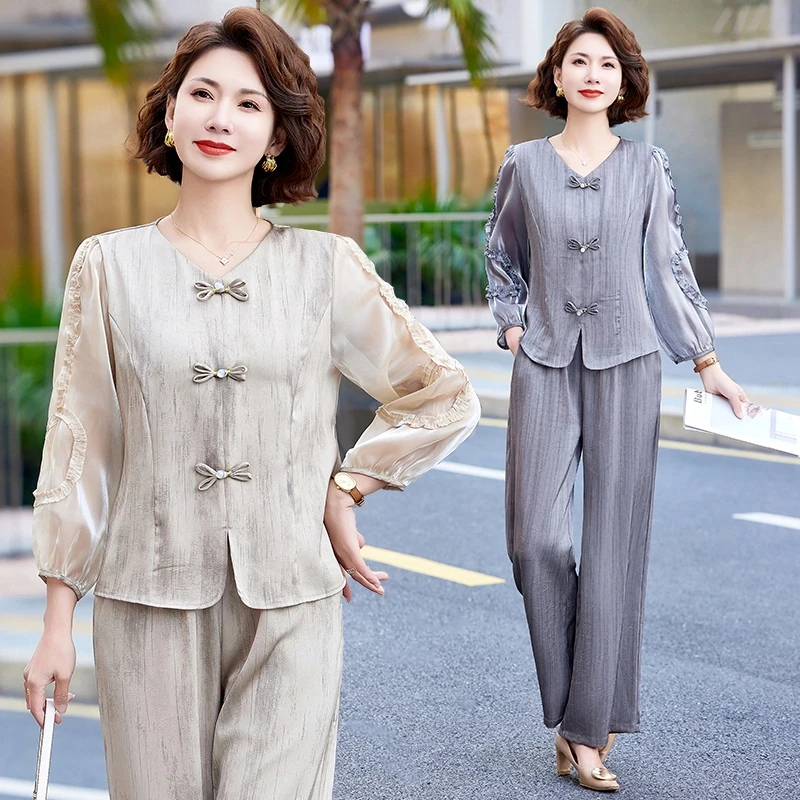 妈妈装春季新中式盘扣套装中老年女时尚洋气长袖小衫裤子两件套